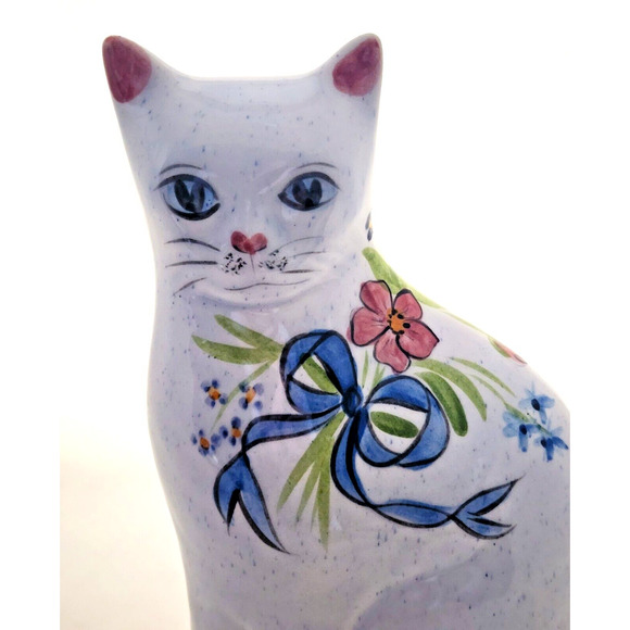 CERAMIC SITTING CAT-N.S. GUSTIN CO.-White-Floral-Shelf Decor-Hand Decorated - Picture 2 of 12